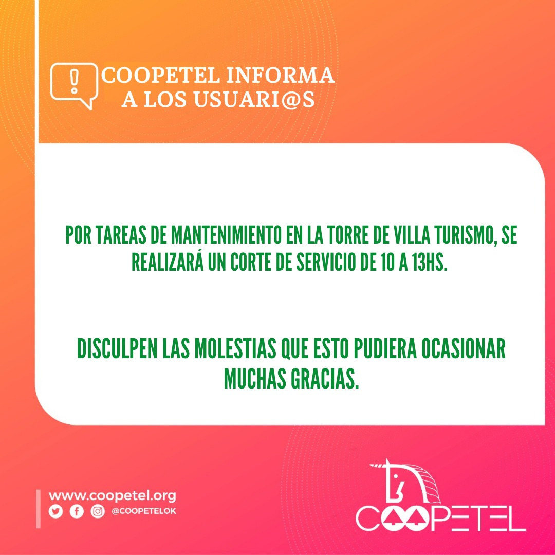 El Bolsón: Coopetel anuncia corte de Internet en el sector de Villa Turismo