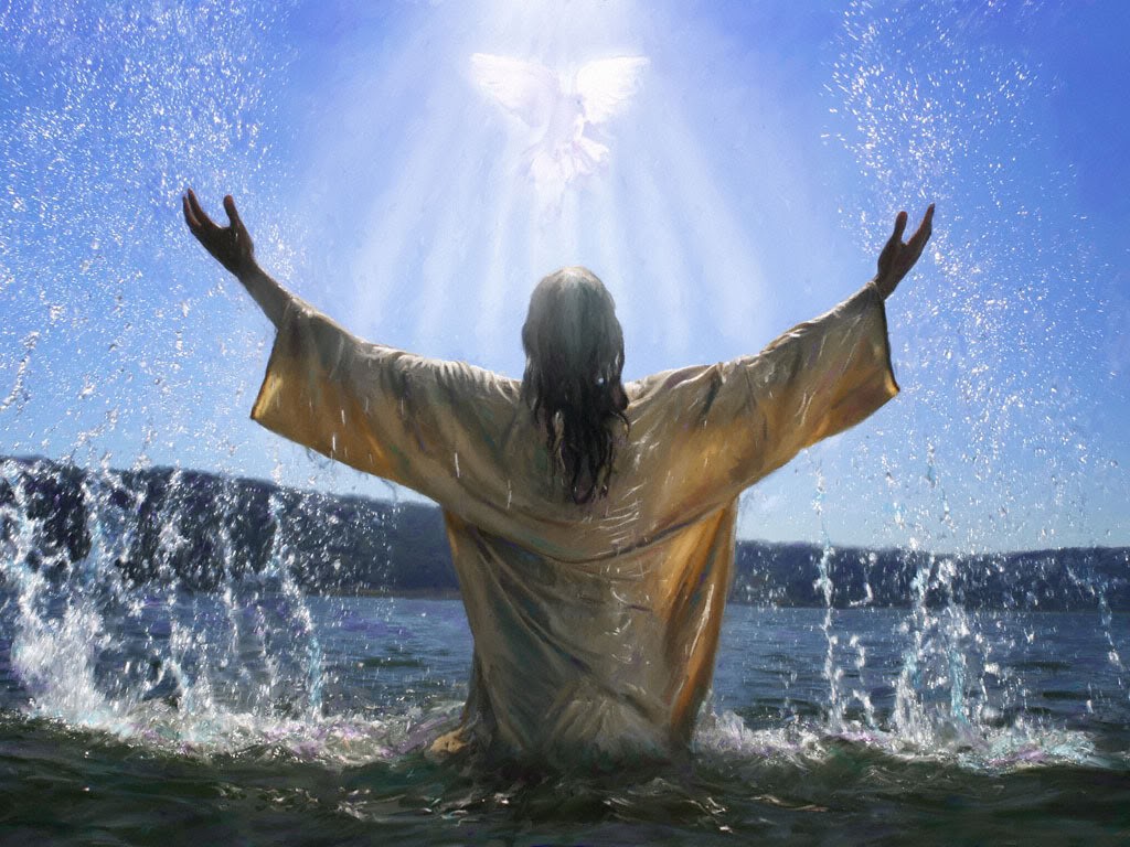 El bautismo:  Jesús ha llegado al Jordán para ser bautizado por Juan