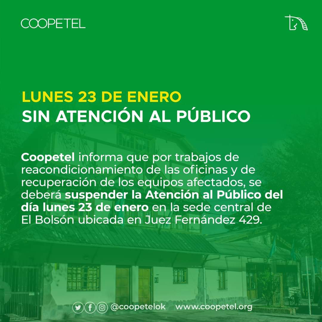 El Bolsón: Coopetel sin atención al público hasta nuevo aviso