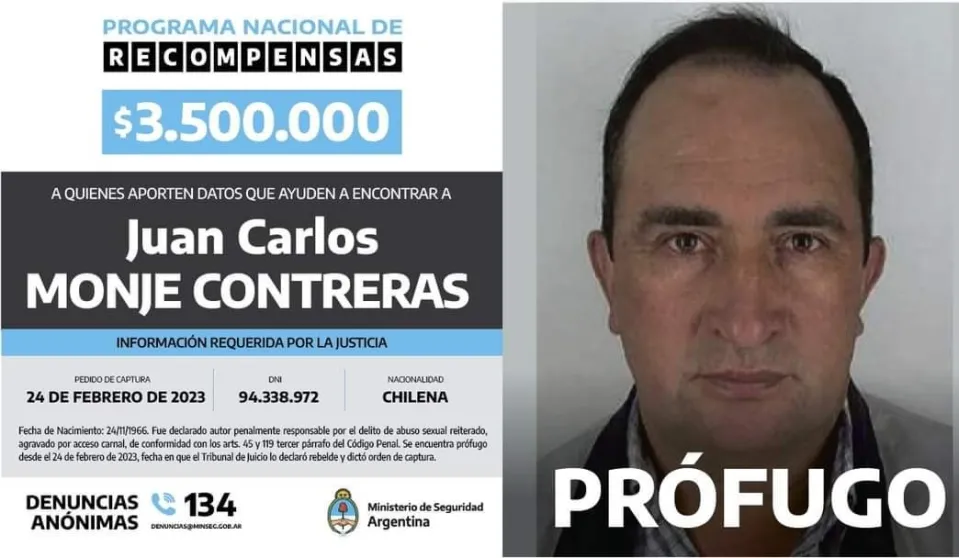 La justicia mantiene orden de captura y recompensa de 3.5 millones de pesos por Monje Contreras